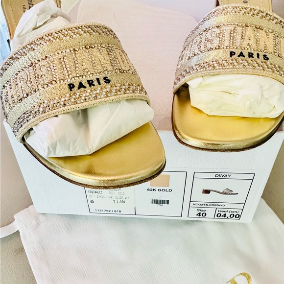 DIOR Dway Heeled SlideGold-Tone with Metallic Thread Strass 62k gold siz… - Picture 3 of 14